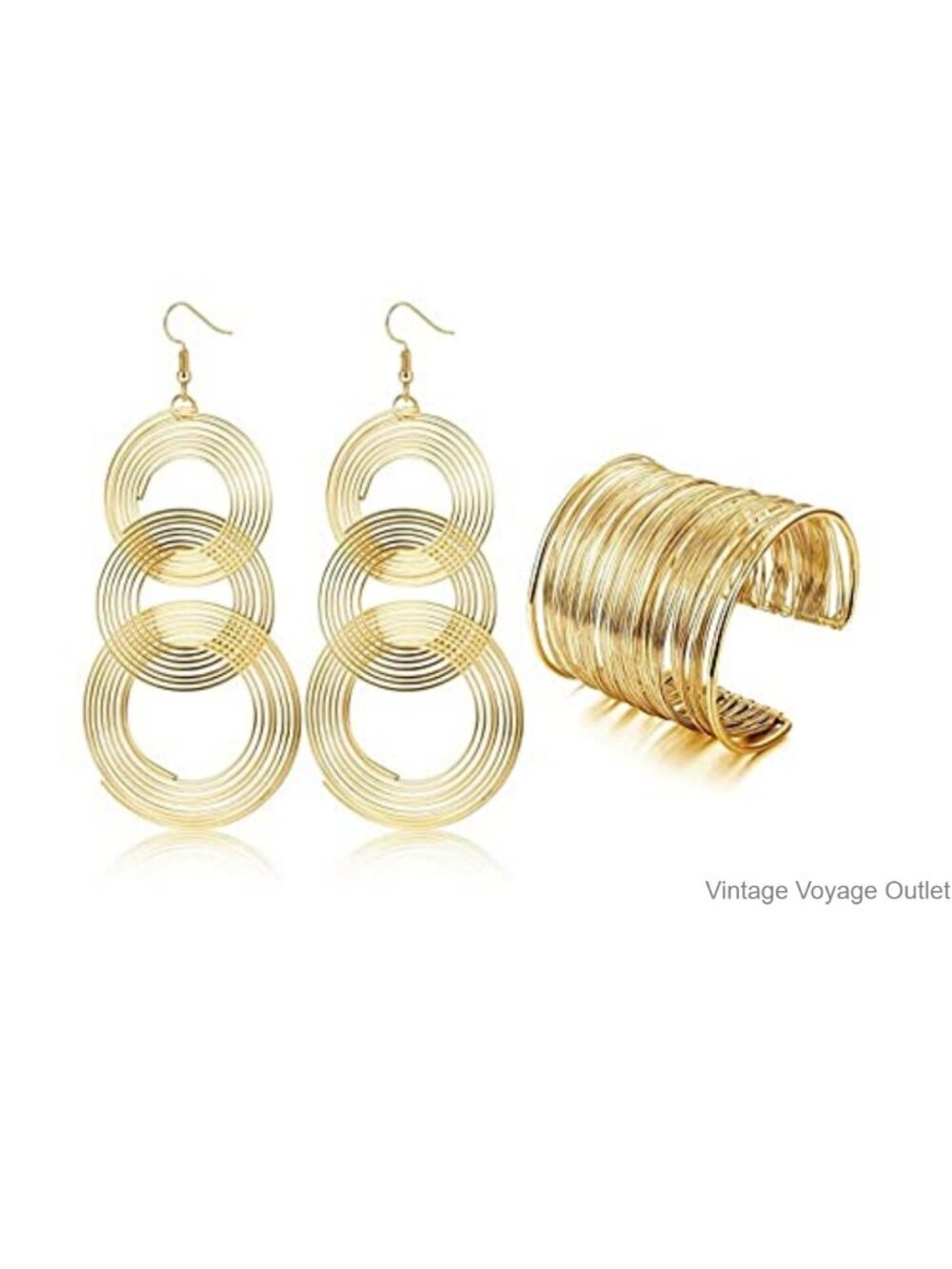 70s Disco Jewelry Set Wire Coil Cuff Bracelet Triple Swirl Dangling Earrings